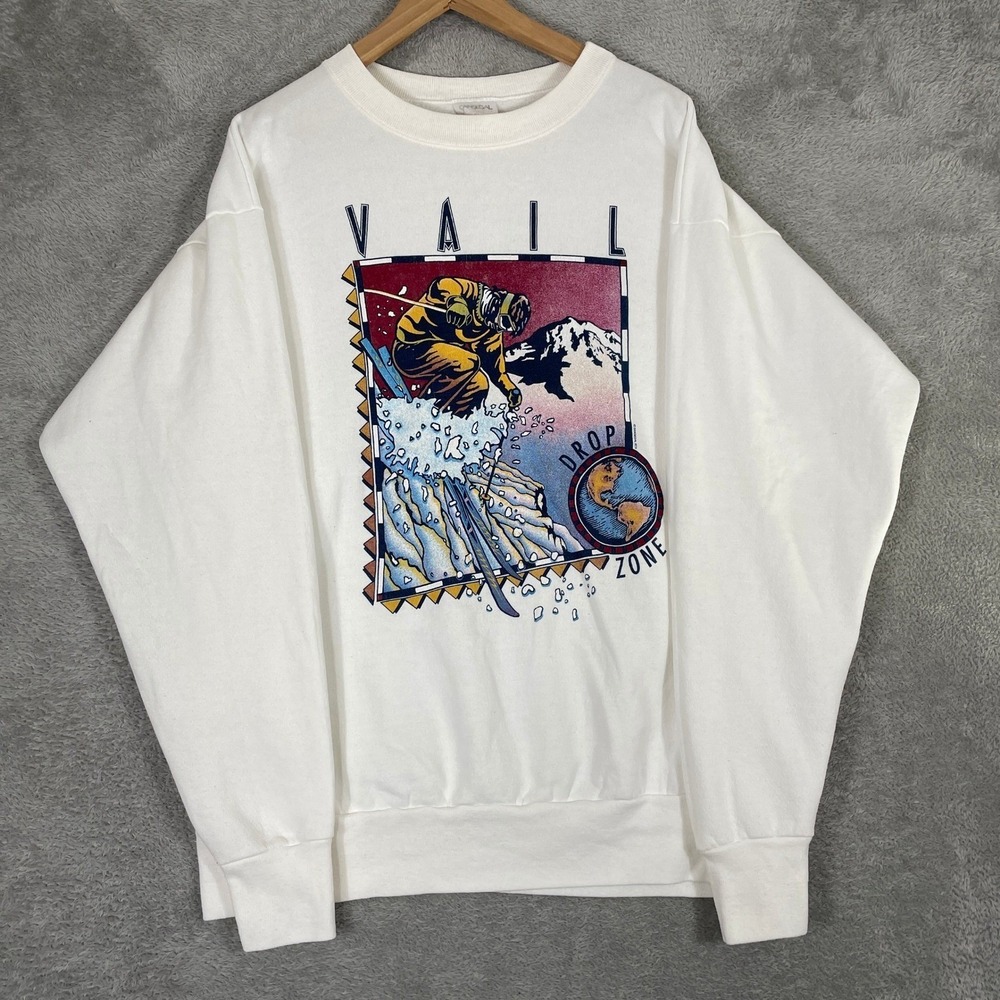 Vintage Vail Skiing Sweatshirt Mens XL White Sansegal 90s Graphic Pullover Surf